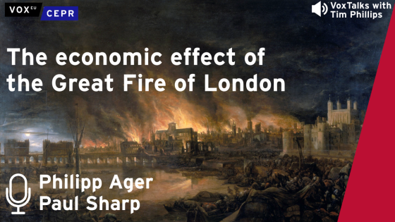 An illustration of the Great Fire of London with text promoting a VoxTalks podcast featuring Philipp Ager and Paul Sharp discussing its economic impact.